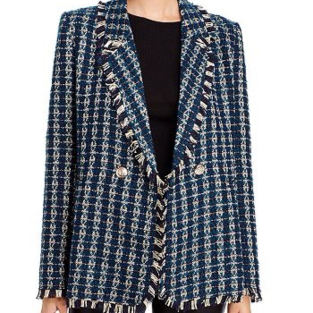 Aqua Navy Tweed Blazer with Fringe